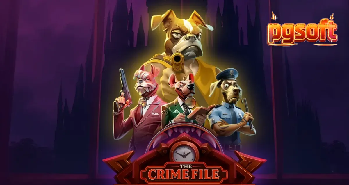 Tampilan visual noir dari slot The Crime File dengan detektif anjing.
